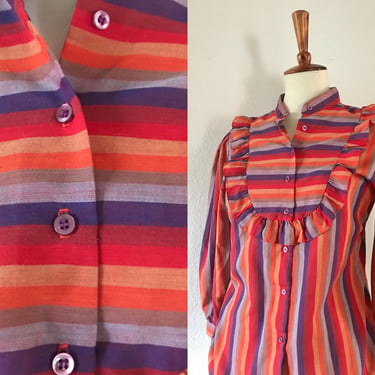 Vintage red Orange striped ruffle puff sleeve blouse size small 