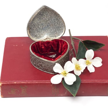 Vintage Silver Plate Heart Shaped Ring Box, Hinged Trinket Box 