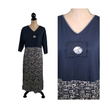 90s Short Sleeve Maxi Dress XL, Blue Fish Novelty Print, Casual Long Shift Cotton Summer Beach Resort, Plus Size Clothes Women Vintage 1990s 