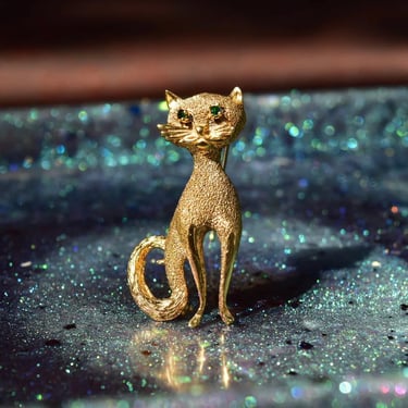 Les Bernard Sterling Gold-Toned Vintage Cat Pin with Emerald Eyes, Gold Toned Cat Pin 