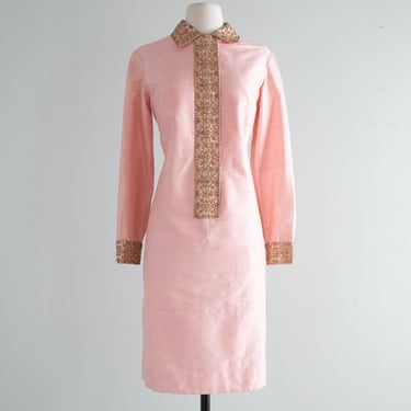 Chic 1960's Indian Silk Beaded Shift Dress In Pink / ML