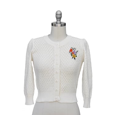 Embroidered Flower Bouquet Sweater Cardigan - Ivory Pin Up Button Up Sweater 