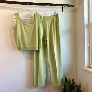 St. John Avocado Green Wool Blend Two Piece Tank Top Wide Leg Pants Size 8/Large 