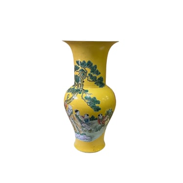 Vintage Chinese Yellow Base People Scenery Wide Mouth Porcelain Vase ws2558E 