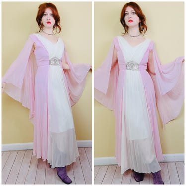 1960s Vintage Silk Chiffon Angel Sleeve Maxi Dress / 60s Color Block Cape Goddess Pin and White Gown Beaded / Medium - Large 