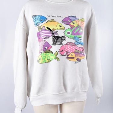 KILBAN KITTY So Many Fish So Little Time, Sweat Shirt White Fleece Pullover Vintage 1980's, 44