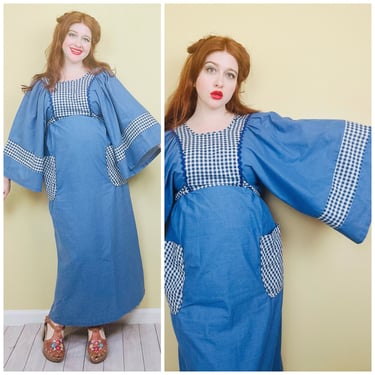 1970s Vintage Sears At Home Blue Plaid Maxi Dress / 70s Kimono Flared Sleeve Lounge Gown / Size Medium 