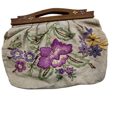 Vintage Linen Floral Silk Embroidered Bag Purse Wood Handle Coquette Handbag 