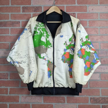 Vintage 80s 90s Handmade Reversible Globe / Map ORIGINAL Zip Down Jacket - Large / Extra Large 