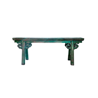 Distressed Brown Green Blue Village Slim Narrow Scroll Apron Wood Bench ws4535E 