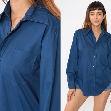 70s Button Up Shirt Navy Blue Dagger Collar Top Long Sleeve Retro Disco Shirt Collared Plain Seventies Oxford Pocket Vintage 1970s Medium 
