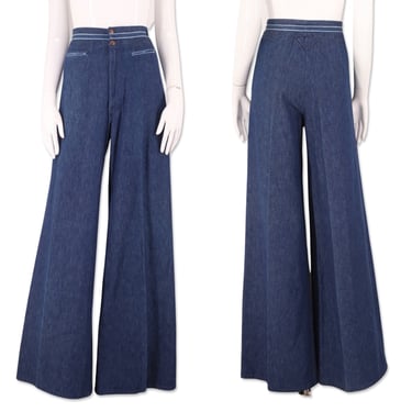 70s wide leg high waisted dark denim bell bottom jeans 32, vintage 1970s deadstock bells, 70s womens XL trousers pants 
