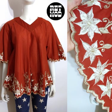 Deadstock Vintage 70s 80s Rust-Colored Boho Tent Blouse with Flower Embroidery Trim 