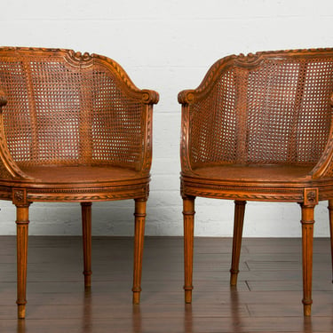 Antique French Louis XVI Style Double Cane Walnut Tub Chairs - A Pair 