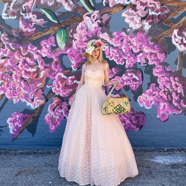 Vintage 1950s pink lace tulle party dress, 50s ball gown, bridal wedding, 24 xx-small, cinderella bridal, fit and flare cupcake 