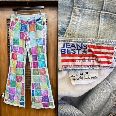 Vintage 1970’s w34 Artwork Denim Flare Hippie Rocker Patchwork Jeans Pants, 70’s Vintage Clothing 