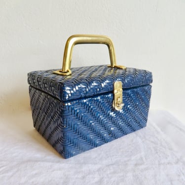 1960's Navy Blue Woven Plastic Wicker Box Purse Gold Handle and Hardware Mod 60's Handbags Spring Summer Purses Adoria Hong Kong 