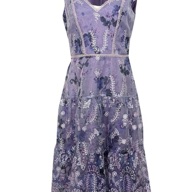 Marchesa Notte - Lavender Cap Sleeve Floral w/ Embroidered Details Midi Dress Sz 6