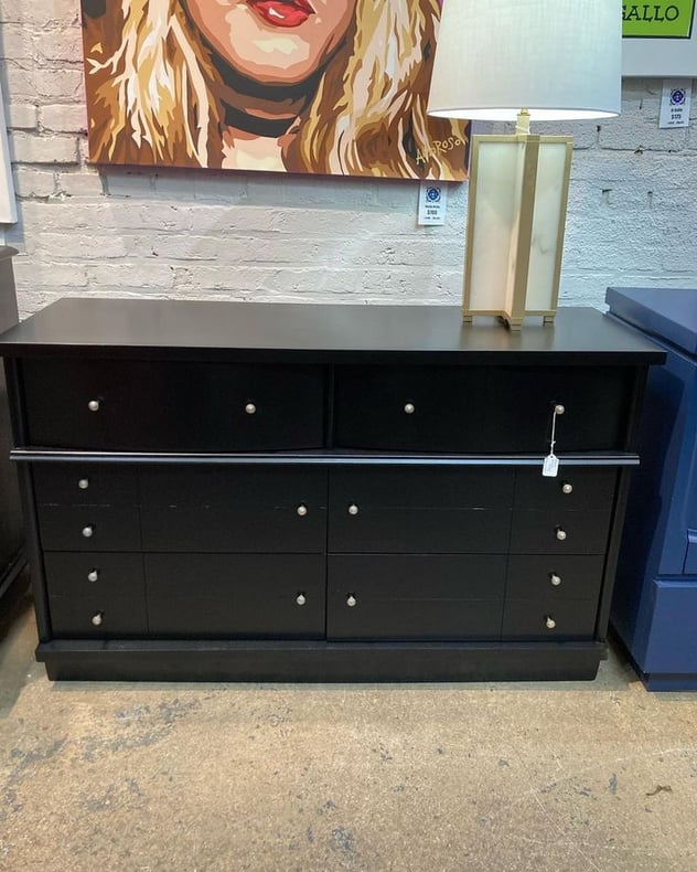 Petite-ish black painted mid century dresser 50” x 17.5” x 30.5” Call 202-232-8171 to purchase