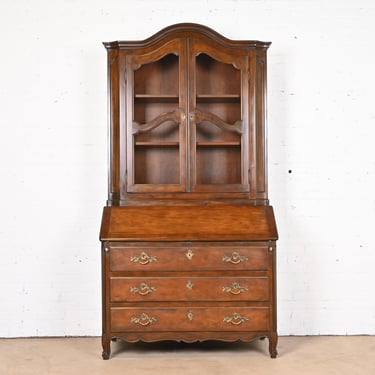 Baker Furniture French Provincial Louis XV Walnut Drop Front Secretary Desk With Bookcase Hutch