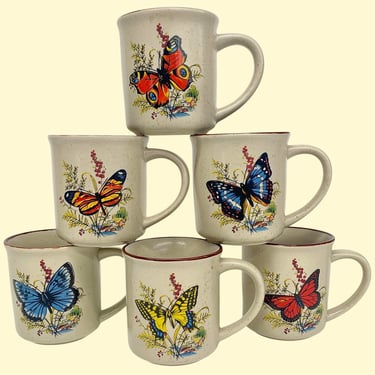 Vintage Wellington Butterfly Mugs Retro 1970s Bohemian + Stoneware + Beige/Brown + Set of 6 + Different Butterflies + Drinking + Kitchen 