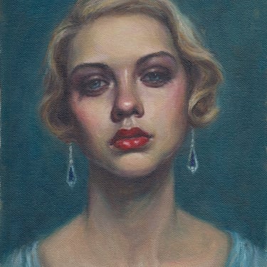 Sapphire Blues. Extra Large Archival Art Print from Original Oil Painting by Pat Kelley. 20x16, Flapper Portrait, Blonde Woman, Vintage Look 