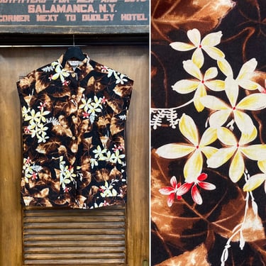 Vintage 1950’s “Kamehameha” Cotton Tiki Floral Tea-Timer Hawaiian Shirt Blouse, 50’s Vintage Clothing 