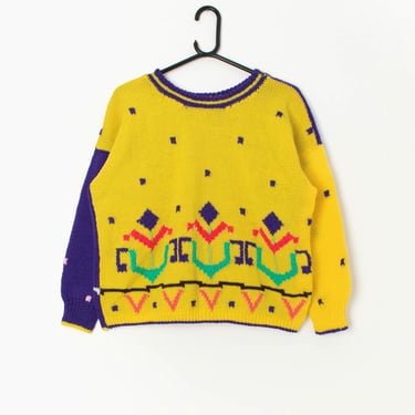 Vintage handknitted bright yellow and purple jumper with colourful abstract floral design - Large 