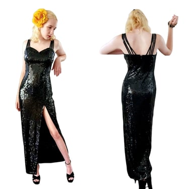 Vintage 90s Black Sequined Evening Dress w/Spaghetti Straps Niteline Della Roufagoli 