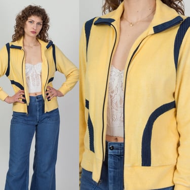 70s Yellow Striped Terrycloth Jacket - Men's XS, Women's Small | Vintage Navy Blue Trim Track Jacket 
