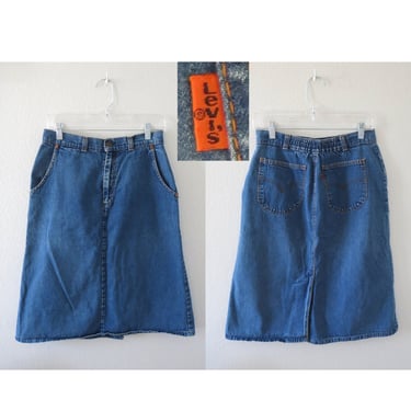 Vintage Levi's Denim Skirt Jean Midi Skirt High Waisted Orange Tab Size Medium 