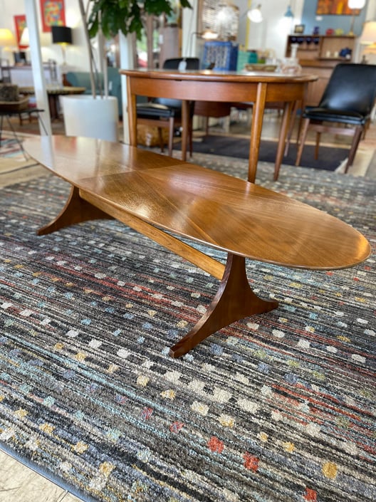Mid Century Walnut Surfboard Oval Coffee Table by Kroehler