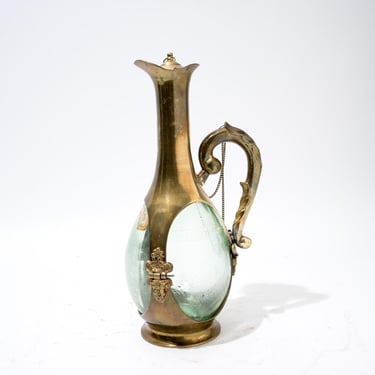 Vintage Brass Wine Bottle Decanter, Brass Cage Decanter, Water Bottle Pitcher, 1940s 