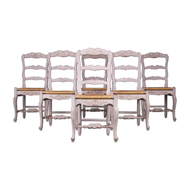 Country French Louis XV Style Provincial Painted Gray Dining Chairs W/ Rush Seats - Set of 6 