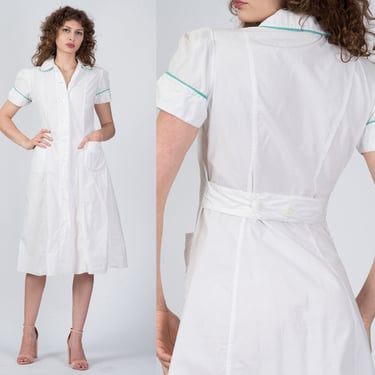 Vintage 40s 50s Peter Pan Collar Nurse Dress - Medium | Vintage White Pearl Button Up Collared Pocket Uniform Dress 