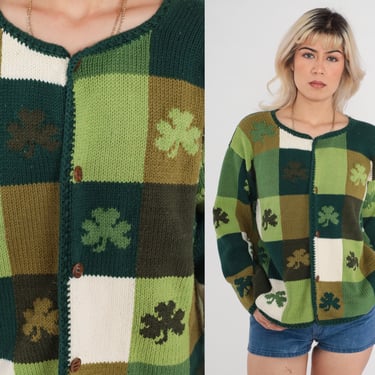 90s Clover Cardigan Green Color Block Button Up Knit Sweater Irish Grandma Hippie Patchwork Print Vintage 1990s Cotton Large L 