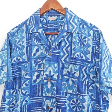 Hawaiian shirt / vintage aloha shirt / 1960s tiki print loop collar Hawaiian shirt cotton aloha coin button up Medium 