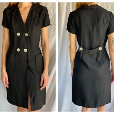 90's Blazer Dress / Little Black Double Breasted Jacket Dress / Vintage 1990's Suit Top / Power Shoulders / Long Jacket / CEO Workwear 