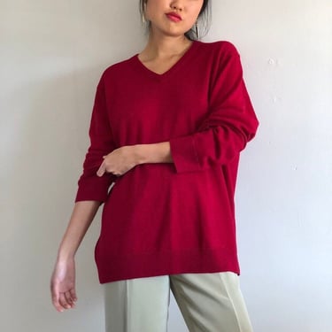 90s merino wool boyfriend sweater / vintage strawberry red menswear oversized wool V neck pullover slouchy sweater | L XL 