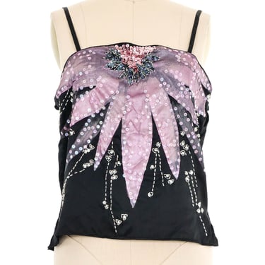 Black Embellished Painted Floral Silk Cami