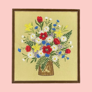 Vintage Flower Crewel 1970s Retro Size 25x23 Farmhouse + Floral + Embroidery + Framed + Glass Front + Home and Wall Decor 