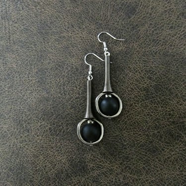 Mid century modern earrings black frosted glass and gunmetal earrings 