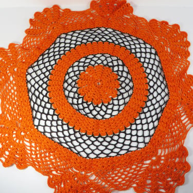 Vintage Crocheted Orange and Black Halloween Doily 