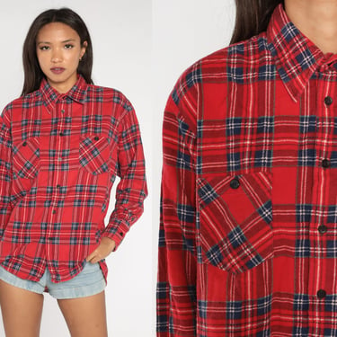 Red Flannel Shirt 90s PLAID Grunge Navy Blue Lumberjack Long Sleeve Button Up Vintage Cotton Retro Men's Large 