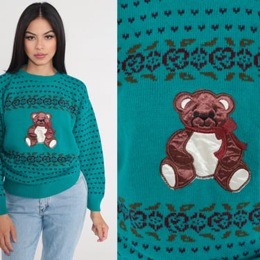 Teddy Bear Sweater 80s Teal Knit Pullover Floral Hearts Girly Novelty Print Cute Kawaii Spring Sweater Acrylic Vintage 1980s Small 
