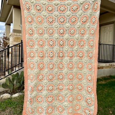Large 60” x 80” Hand Crocheted Afghan Blanket, Peach and Cream with Geometric Pattern and Raised Floral Accents, Two Available 