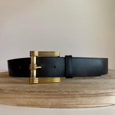 Vintage Black Genuine Leather Uruguay Made Gorbani Wide Gold Buckle Belt - S/M 