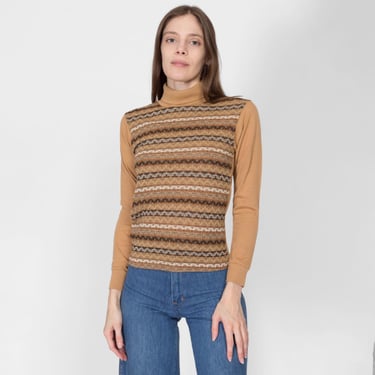 XS 70s Earth Tone Knit Turtleneck Top | Vintage Tan Brown Jersey Pullover Shirt 