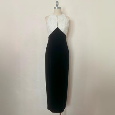 1990s Cream Beaded Black Velvet Evening Dress by Carmen Marc Valvo, Extra Small to Small | 90s Black and White Gown (XS, S, 35-28-37) 