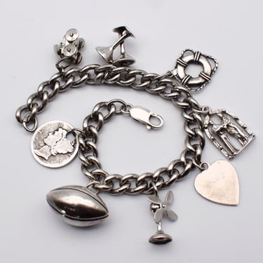 60's sterling Americana charm bracelet, heavy 925 silver mid-century slice of life curb chain bracelet 